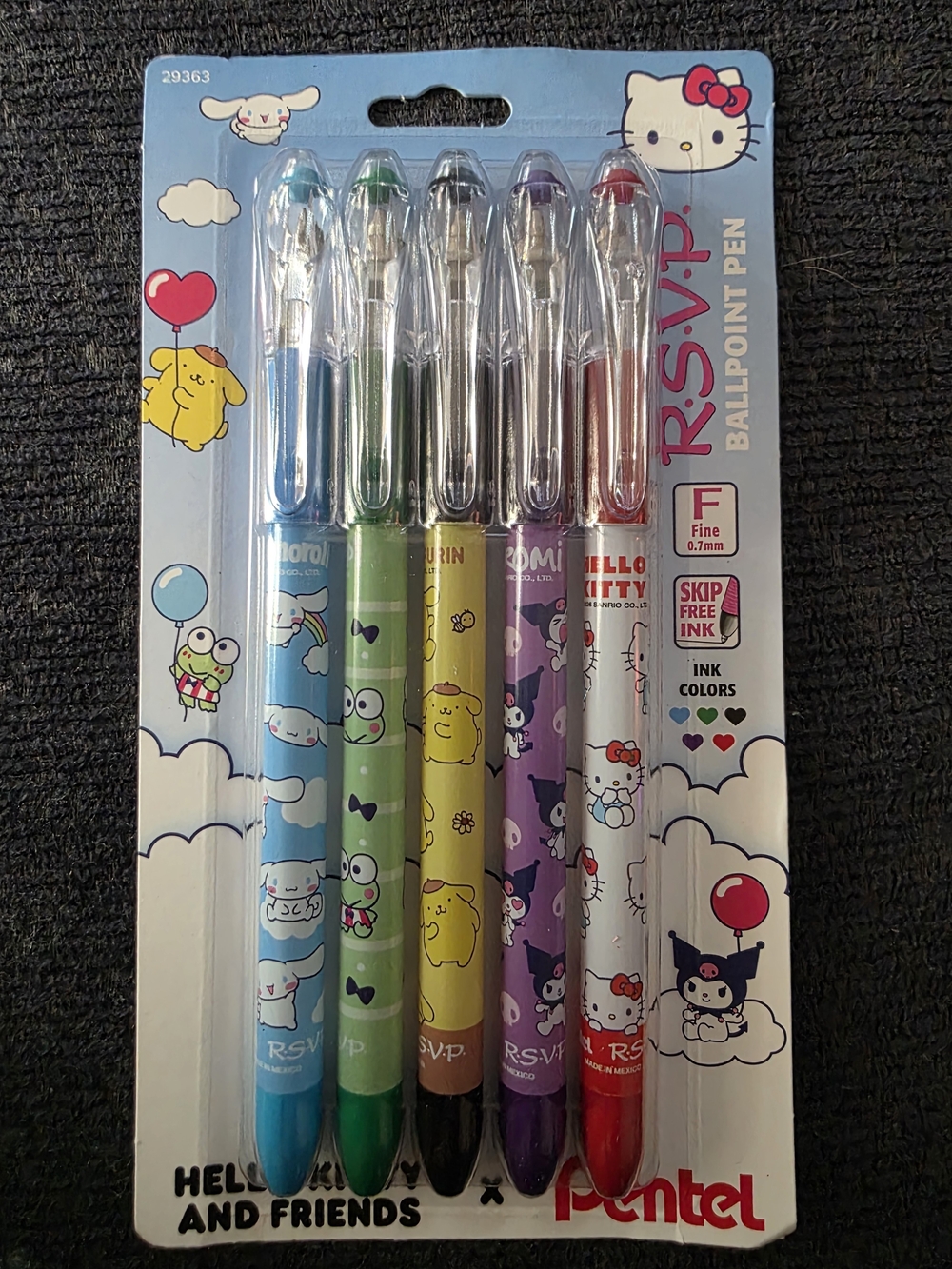 RSVP Hello Kitty & Friends Ballpoint Pen Set - Blue, Green, Yellow, Purple, Red